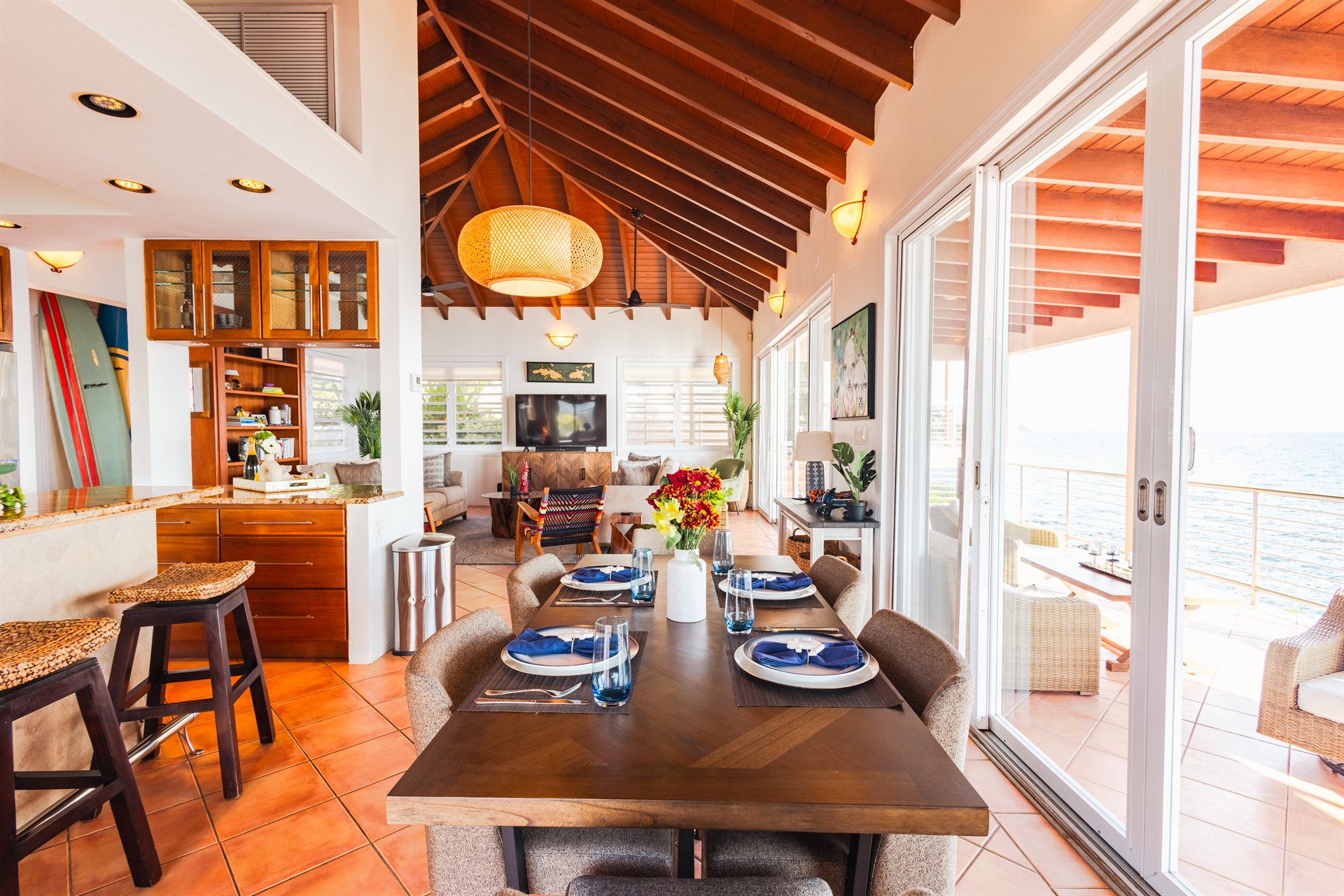 Formal dining room seating twelve guests at Ocean Pointe Caribe luxury villa, St Thomas