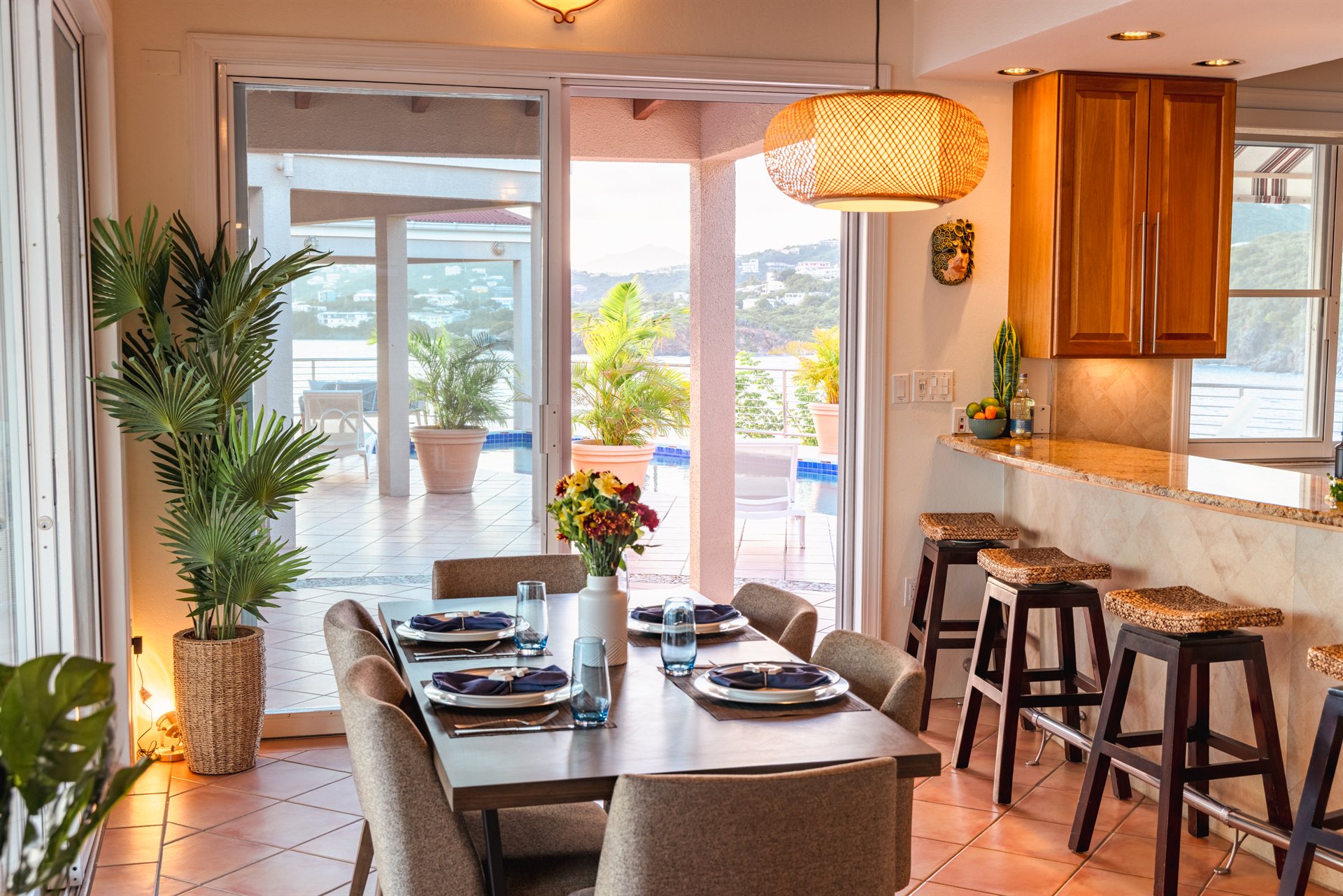 Spacious main lounge with ocean views at Ocean Pointe Caribe estate, St Thomas
